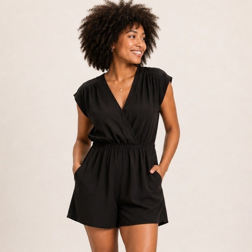 Babaton Black 100% Silk Romper Sleeveless V-Neck Wrap Front XS